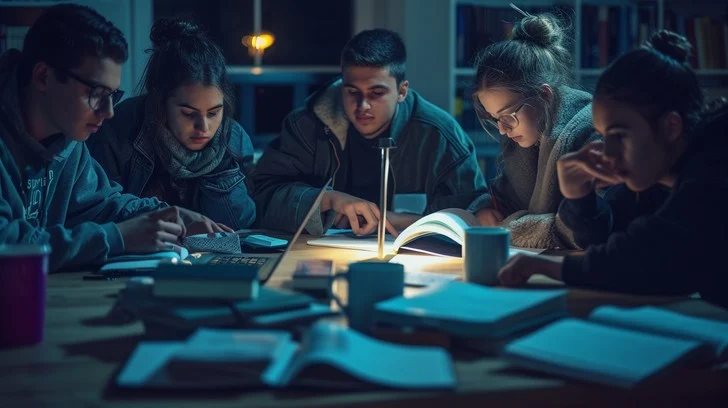 Students collaborating at night